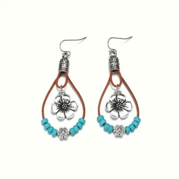 Boho Western Flower Turquoise Beaded Dangle Earrings - Picture 5 of 5